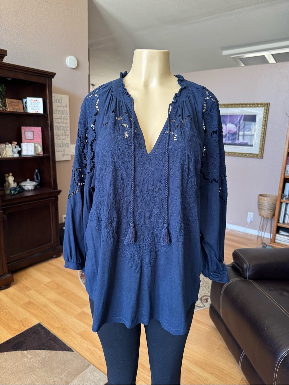 Style & Co. navy V-neck with lace inset on sleeves & front-size XL